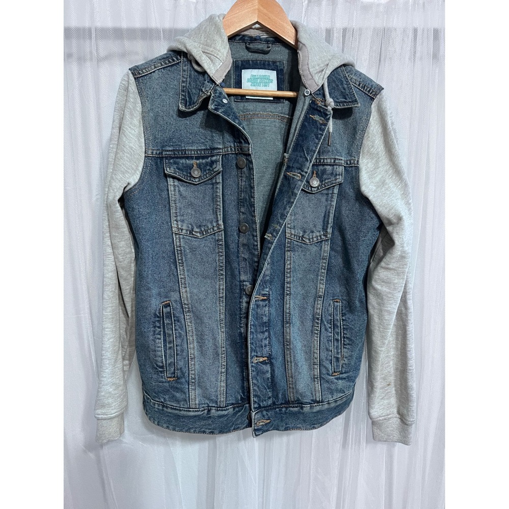 Pull&Bear Mens Denim Jacket Hoodie Mixed Media Blue Grey Small Trucker Hybrid